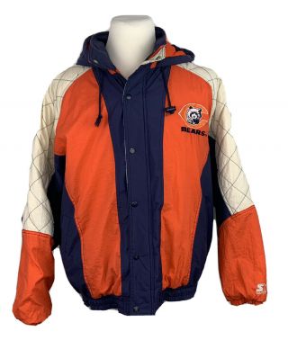 Chicago Bears Nfl Vintage Starter Zip Front Hood Puffer Jacket Coat Parka Mens L