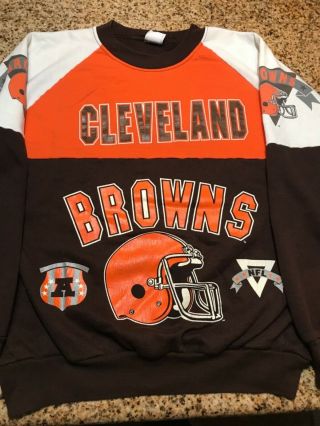 Vtg 80’s Cleveland Browns Screen Print Crew Pullover Men L Made In Usa Garan Nfl