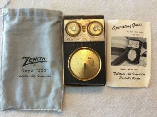 Vintage Zenith Royal 500 Transistor Radio With Instructions Cloth Bag