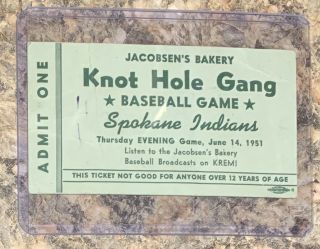 Rare 1951 Spokane Indians Baseball Knot Hole Gang Kids Ticket Wil Minor League
