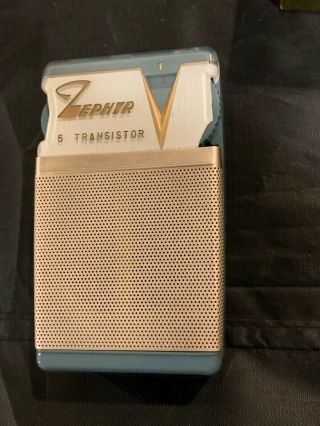 Zephyr Model Zr - 620? Blue Vintage Transistor Radio Orig Box Bottom Case Earbuds