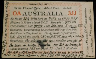 1927 Radio Qsl Card - Oa3jj,  Albert Park,  Victoria,  Australia - Ham Radio