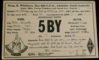 1927 Radio Qsl Card - 5by,  Adelaide,  South Australia - Ham Radio