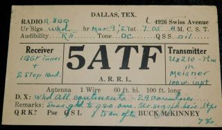 1927 Radio Qsl Card - 5atf - Dallas,  Texas,  U.  S.  A.  - Ham Radio