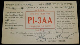 1926 Radio Qsl Card - Pi 3aa - Manila,  The Phillipines - Ham Radio