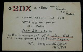 1924 Radio Qsl Card - G2dx - Camberley,  Surrey,  England - Ham Radio