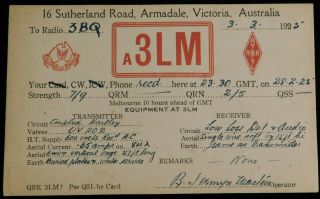 1925 Radio Qsl Card - A3lm - Armadale,  Victoria,  Australia - Ham Radio