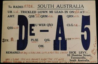 1926 Radio Qsl Card - De - A5 - Torrensville,  South Australia - Ham Radio