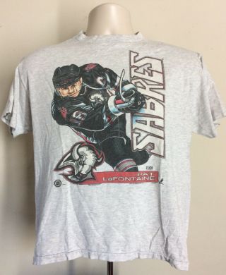 Vtg 90s Pat Lafontaine Buffalo Sabres T - Shirt Gray Black Jersey Nhl Hockey