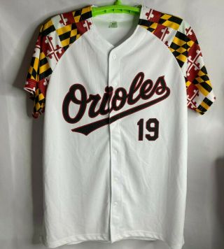 Bd Brand Batimore Orioles White With Flag Sleeves 19 Button Front Jersey Sz Xl