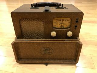 Vintage Classic 1940s Zenith Portable Radio Red,  White & Blue Leatherette