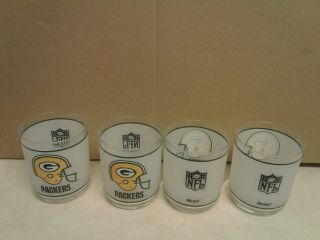 Set Of 4 Vintage Nfl Green Bay Packers Frosted Glass Tumbler Mobil Gas Promo.