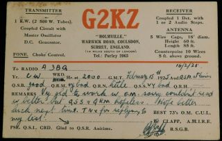 1925 Radio Qsl Card - G2kz - Coulsdon,  Surrey,  England - Ham Radio