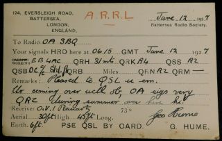 1927 Radio Qsl Card - Eb4ac - Battersea Radio Society,  England - Ham Radio