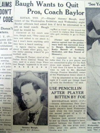 1950 Newspaper Washington Redskins Star Quarterback Sammy Baugh To Quit Football