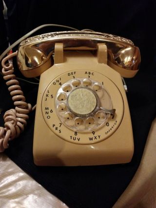 Vintage Rotary Dial Phone In Beige With Twisted Cord Silver Handset Cover