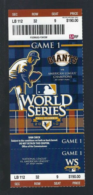 2010 World Series Texas Rangers @ Sf Giants Full Baseball Ticket Game 1