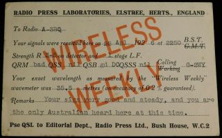 1926 Radio Qsl Card - G - 2wy - Radio Press Laboratories,  England - Ham Radio
