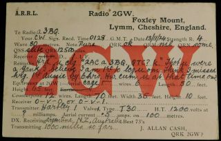 1924 Radio Qsl Card - 2gw - Cheshire,  England - Ham Radio