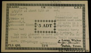 1927 Radio Qsl Card - 5adt - Dallas,  Texas,  U.  S.  A.  - Ham Radio