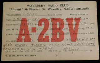 1926 Radio Qsl Card - A2bv - Waverley,  N.  S.  W.  Australia - Ham Radio
