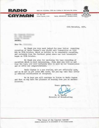 1976 Qsl: Radio Cayman,  Grand Cayman,  Cayman Islands,  British West Indies