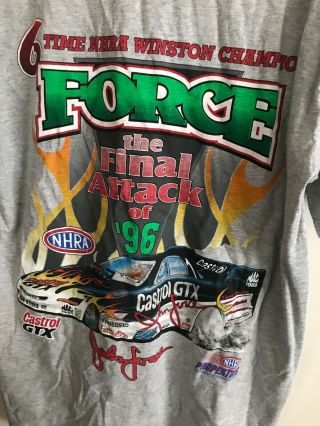 Vtg 90s John Force Graphic Tee Shirt Final Attack 1996 NHRA Racing 2 Side Men L 2