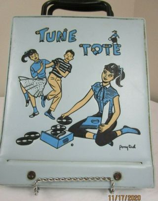 Vintage Blue Vinyl Tune Tote 45 Rpm Record Holder Case With 6 1950 - 60 Records