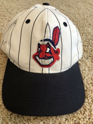 Vintage 90s Cleveland Indians Pinstripe Snapback Hat Mlb Two Tone Euc