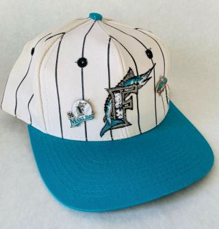 Vintage Florida Marlins Snapback Pinstripe Hat & Pins Early 90’s Cap Logo 7