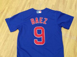 Chicago Cubs 9 Javier Baez Majestic Blue Button Down Jersey Youth Boys Medium