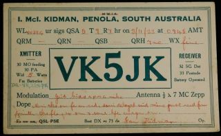 1933 Radio Qsl Card - Vk5jk - Penola,  South Australia - Ham Radio