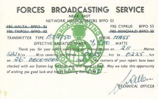 1961 Qsl: Fbs - Forces Broadcasting Service Near East,  Akrotiri,  Cyprus