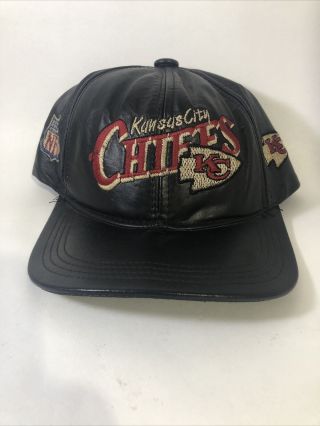 Vtg Leather Kansas City Chiefs Snapback Hat Cap Nfl 90s
