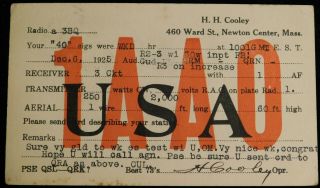 1925 Radio Qsl Card - 1aao - Newton Center,  Massechusets,  U.  S.  A.  - Ham Radio