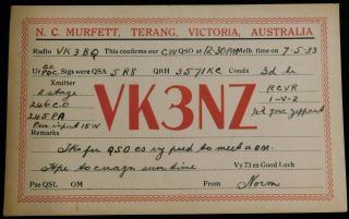 1933 Radio Qsl Card - Vk3nz - Terang,  Victoria,  Australia - Ham Radio