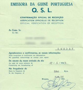 1964 Qsl: Emisora Da Guine Portuguesa,  Bissau,  Portuguese Guinea