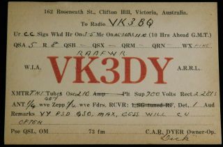 1933 Radio Qsl Card - Vk3dy - Clifton Hill,  Victoria,  Australia - Ham Radio