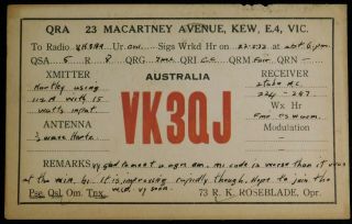1932 Radio Qsl Card - Vk3qj - Kew,  Victoria,  Australia - Ham Radio