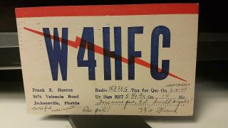 Amateur Ham Radio Qsl Postcard W4hfc Frank E.  Heston 1948 Jacksonville Florida