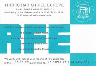 1973 Qsl: Radio Europe - Rfe,  Munich,  West Germany - Brd (cold War)