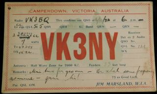 1932 Radio Qsl Card - Vk3ny - Camperdown,  Victoria,  Australia - Ham Radio