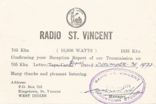 1977 Qsl: Radio St.  Vincent,  Kingstown,  St.  Vincent,  West Indies