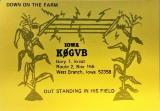 Amateur Ham Radio Qsl Postcard K0gvb Corn Gary T.  Ernst 1970s West Branch Iowa