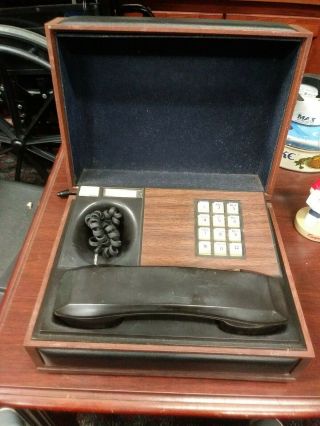 Deco - Tel 1970s Executive Leather Box Rotary Phone Walnut Case With Black Leather