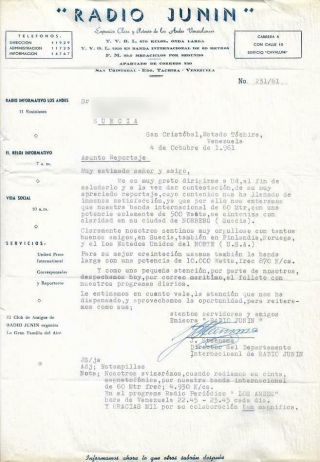 1961 QSL: Radio Junin,  San Cristobal,  Venezuela 2