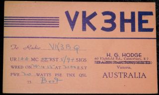 1955 Radio Qsl Card - Vk 3 He - Canterbury,  Victoria,  Australia - Ham Radio