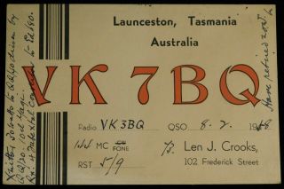 1958 Radio Qsl Card - Vk 7 Bq - Launceston,  Tasmania,  Australia - Ham Radio
