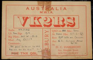 1955 Radio Qsl Card - Vk 2 Rs - South Albury,  N.  S.  W. ,  Australia - Ham Radio
