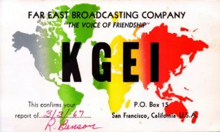 1967 Vintage Am Radio Qsl Card,  Kgei,  Far East Broadcasting,  San Francisco,  Ca